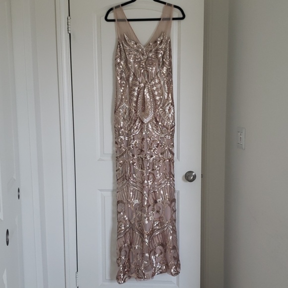 adrianna papell rose gold sequin gown